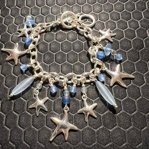 Star Fish Silver with Blue Sea Glass Charm Bracelet Made of Sterling Silver